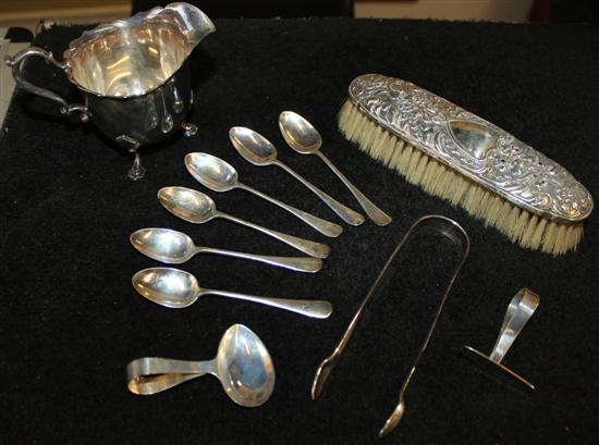 Small silver- 6 teaspoons, bread fork, tongs, 3 teaspoons, brush